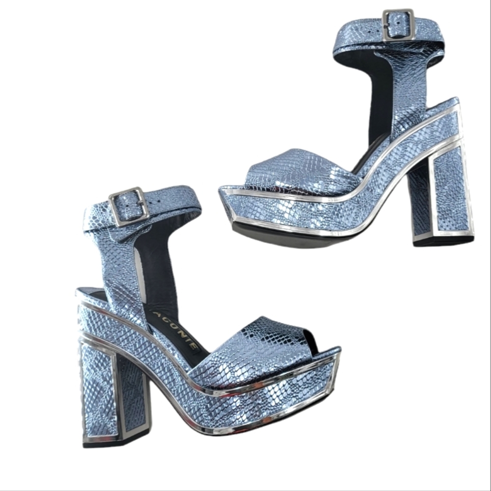 KAT MACONIE Leather Snake Skin Print Platform Metallic Ankle Buckle Block Heels.